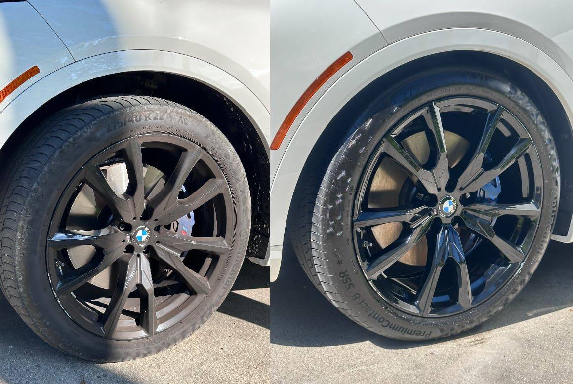 Before and after wheel detail on gloss black BMW wheels — brake dust removed