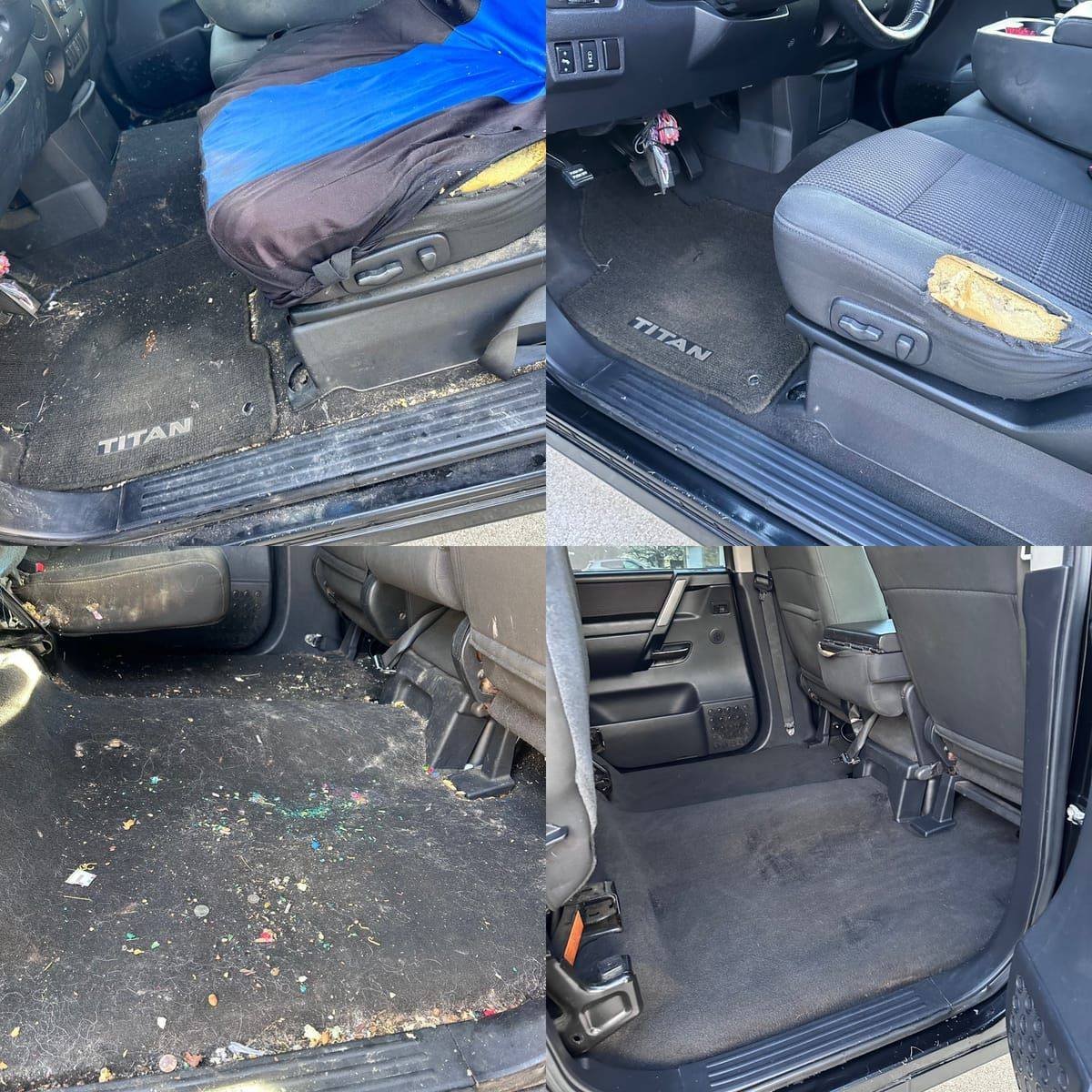 Before and after interior detail on a Nissan Titan — dirty seats and floor restored to clean